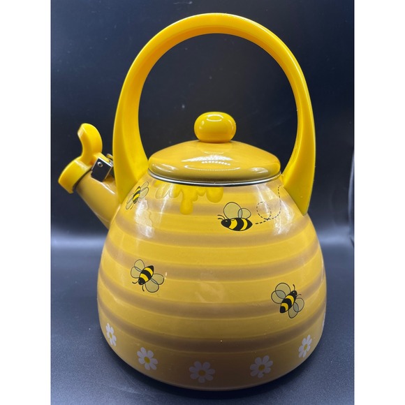 Other - Bumblebee Honey Pot Whistling Tea Kettle Yellow Enamel Stovetop Bee Daisy Design